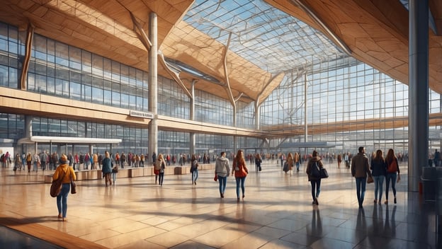 Ein moderner Flughafen mit vielen Reisenden, großen Glasfenstern und einer hellen, einladenden Architektur.