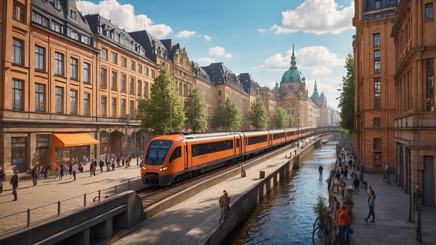 Ein orangefarbener Zug steht an einem Gleis, umgeben von Menschen, die entlang einer Stadtlandschaft mit Wasserweg flanieren.
