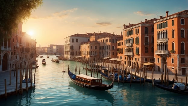 Venezianischer Kanal mit Gondeln, historischen Gebäuden und warmem Sonnenuntergang am Horizont.