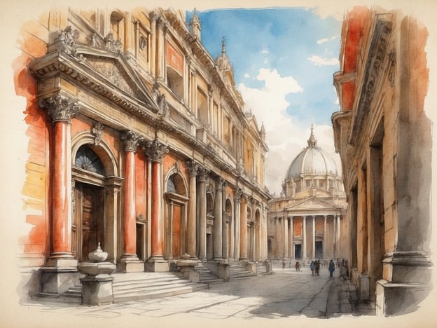 Auf dem Bild ist eine beeindruckende architektonische Szene zu sehen, die möglicherweise den Petersplatz in Rom oder einen ähnlichen Bereich in der Nähe des Vatikans darstellt. Die prächtigen Säulen und die kunstvoll gestalteten Fassaden deuten auf den historischen Stil der Renaissance hin.
Im Hintergrund erhebt sich die ikonische Kuppel des Petersdoms, einem der bekanntesten Wahrzeichen der Stadt und eines der bedeutendsten Bauwerke der christlichen Welt. Die Kombination aus klassischer Architektur und der malerischen Umgebung zeugt von Roms reichhaltigem kulturellem Erbe und seiner Bedeutung als Zentrum der Kunst, Religion und Geschichte.
Das Bild strahlt eine majestätische Atmosphäre aus und lädt dazu ein, die historischen Gassen und die künstlerische Pracht der Stadt zu erkunden.