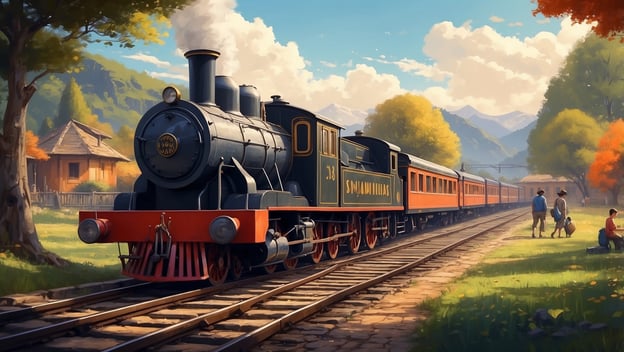 Dampflokomotive mit roten Waggons steht auf einem Gleis vor einer malerischen Landschaft mit Bäumen und Bergen.