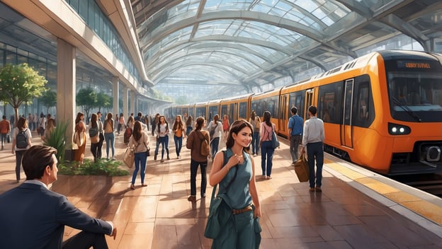 Bahnhof mit orangefarbener Bahn und wartenden Passagieren, helles Licht durch große Glasflächen, moderne Architektur.