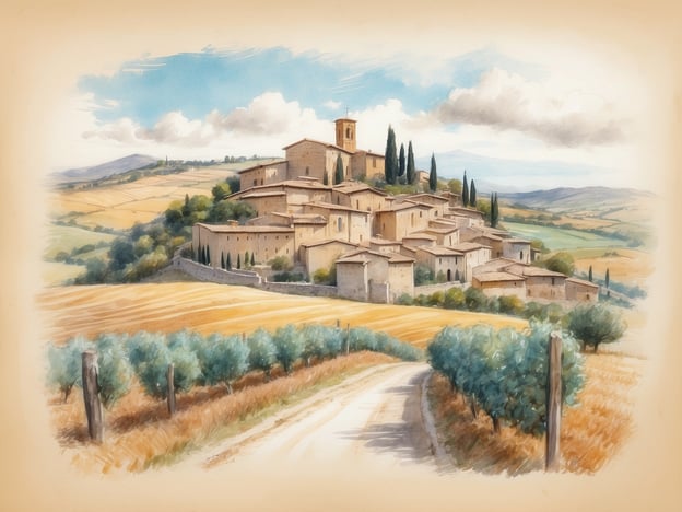 Auf dem Bild ist eine malerische Landschaft zu sehen, die von sanften Hügeln, Feldern und einem kleinen, charmanten Dorf geprägt ist. Diese Art von Szenerie erinnert an einige der besten Trüffelregionen in Italien, insbesondere an die Toskana und die Region Umbrien.
In der Toskana, bekannt für ihre köstlichen Trüffel, findet man viele kleine Dörfer, die in die Hügel eingebettet sind, wie das auf dem Bild. Die Region Umbrien, mit ihren üppigen Wäldern und landwirtschaftlichen Flächen, ist ebenfalls ein hervorragender Ort für die Trüffelsuche. Beide Regionen bieten eine wunderschöne Landschaft und sind das Zuhause für Gourmets, die die Delikatessen der Trüffel schätzen.