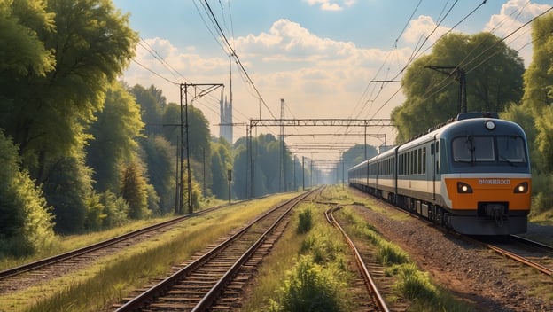 Ein Personenzug fährt auf einer Bahngleisanlage umgeben von Bäumen und Grünfläche, im Hintergrund sind Wolken sichtbar.