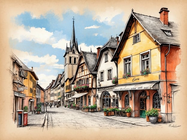 Auf dem Bild sieht man eine malerische Straßenszene, die von bunten Fachwerkhäusern gesäumt ist. Die Häuser besitzen teilweise Blumenkästen, die dem Bild eine freundliche Atmosphäre verleihen. In der Mitte sticht der Kirchturm mit seiner spitzen Form hervor, was typisch für viele historische Städte in Deutschland ist.Wenn wir die Geschichte von Blankenburg in Betracht ziehen, könnte diese Szenerie mit ihrer charmanten Architektur und dem historischen Charme an das historische Stadtbild anknüpfen. Blankenburg, bekannt für seine herrliche Lage im Harz, war einst ein Zentrum für Handel und Handwerk. Durch die architektonische Vielfalt und den geschichtlichen Hintergrund steht das Bild symbolisch für die reiche Geschichte und die Traditionen kleiner deutscher Städte.