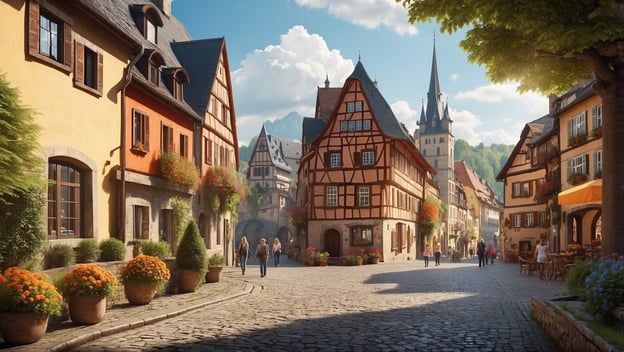 Eine malerische Straße mit Fachwerkhäusern, blühenden Pflanzen und mehreren Personen, die in der Sonne spazieren.