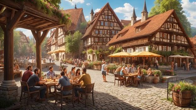 Gemütliche Atmosphäre in einem historischen Dorf mit Menschen, die an Tischen sitzen, umgeben von Fachwerkhäusern und Pflanzen.