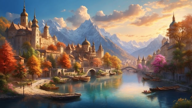 Eine malerische Stadt mit historischen Gebäuden, bunten Bäumen und einem ruhigen Fluss unter einem klaren Himmel.
