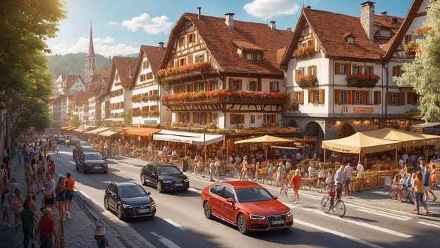 Ein belebter Straßenabschnitt mit historischen Gebäuden, Cafés, Menschen und Fahrzeugen auf einer sonnigen, klaren Tageszeit.