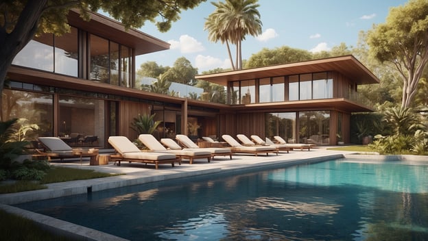 Moderne Villa mit Pool, Liegen und tropischer Vegetation, umgeben von großen Fenstern und einem einladenden Ambiente.