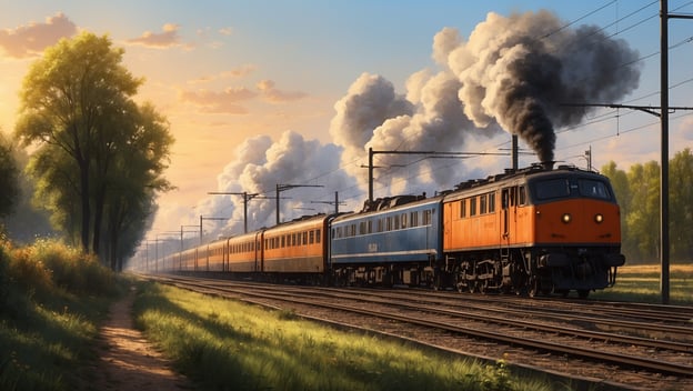 Zug fährt durch eine grüne Landschaft, rauchend, mit orangefarbenen und blauen Waggons, bei Sonnenuntergang, neben dem Gleis.