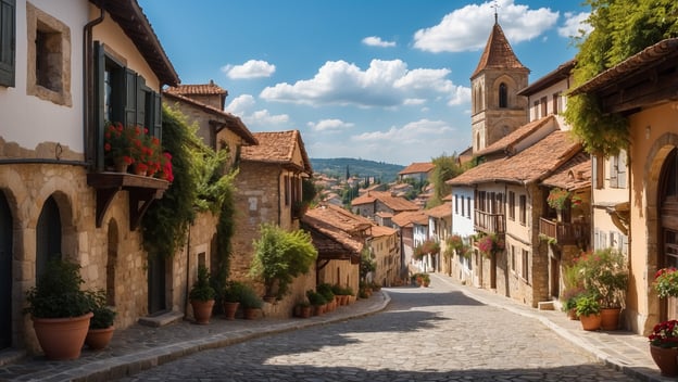 Eine malerische Straße mit steinernen und holzverzierten Häusern, bunten Blumen und einer Kirche im Hintergrund.