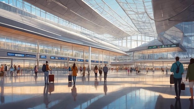Ein moderner Flughafen mit vielen Reisenden, großen Fenstern und Einrichtungen für den Check-in. Helle und offene Atmosphäre.
