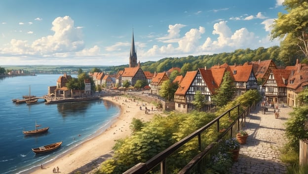 Eine malerische Küstenstadt mit historischen Häusern, einem Sandstrand, Booten und einem neugotischen Kirchturm vor blauem Himmel.