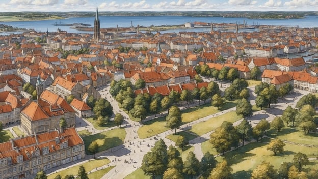 Luftaufnahme einer Stadt mit roten Dächern, einem Platz, Bäumen und Wasser im Hintergrund, sonniger Himmel, viele Menschen.