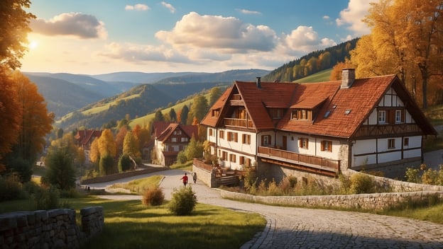 Wunderschöne herbstliche Landschaft mit einem malerischen Haus an einer gepflasterten Straße, umgeben von bunten Bäumen.