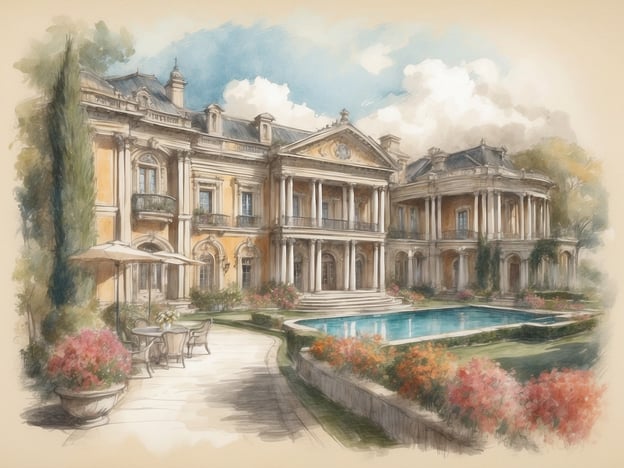 Auf dem Bild ist eine prächtige Villa zu sehen, die den Lebensstil der Aristokratie aus vergangenen Zeiten widerspiegelt. Die Architektur ist opulent, mit großen Säulen und stilvollen Verzierungen, die an den Reichtum und die Macht der besitzenden Klassen erinnern.Der Garten ist wunderschön angelegt, mit blühenden Pflanzen und einem eleganten Pool, der an Sommernachmittagen zum Entspannen einlädt. Möglicherweise wurden hier gesellschaftliche Ereignisse und Feste veranstaltet, bei denen die Elite zusammenkam, um über Politik, Kunst und Kultur zu diskutieren. Die Atmosphäre strahlt sowohl Ruhe als auch den Glanz vergangener Tage aus, geeignet für die repräsentativen Zwecke der Aristokratie, die gerne in solchen Umgebungen residierte.