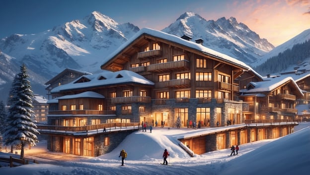 Erlebe Skiurlaub deluxe im neuen Hotel Neuhintertux mit einer modernen Berghütte, umgeben von schneebedeckten Bergen und Gästen.