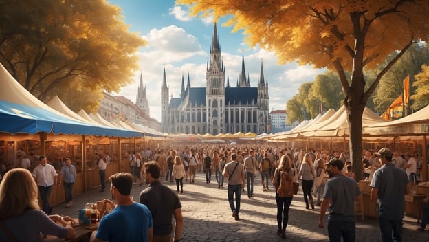 Überfüllte Festmeile auf dem Oktoberfest in München, zahlreiche Menschen und Stände unter goldenem Herbstbaum.