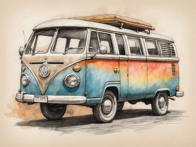 Auf dem Bild ist ein alter VW-Bus zu sehen, der in sanften Farben lackiert ist. Dieses Fahrzeug symbolisiert ideales langsames Reisen und nachhaltiges Leben. Der VW-Bus ist bekannt für seine Flexibilität und den Charme, den er beim Reisen durch verschiedene Landschaften ausstrahlt.Mit diesem Fahrzeug können Reisende die Welt in ihrem eigenen Tempo erkunden, die Natur genießen und trotzdem umweltbewusst unterwegs sein. Es steht für Abenteuer und Freiheit, während man gleichzeitig einen Fokus auf nachhaltige Praktiken legt, indem man zum Beispiel campen und lokale Gemeinschaften unterstützen kann.
