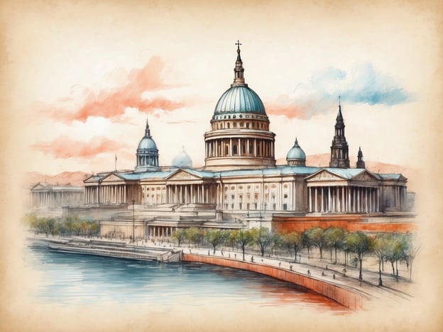 Auf dem Bild ist eine künstlerische Darstellung eines großen, historischen Gebäudes mit mehreren Kuppeln und Türmen zu sehen. Das Bild legt den Fokus auf Architektur und die Atmosphäre der Umgebung, möglicherweise an einem Gewässer.In Bezug auf die Geschichte von Pristina könnte man sagen, dass die Stadt eine vielfältige kulturelle und architektonische Geschichte hat, die von verschiedenen Einflüssen geprägt ist. Trotz ihrer vielen Veränderungen im Laufe der Jahre hat Pristina einige bemerkenswerte Gebäude, die, ähnlich wie das auf dem Bild, einen Einblick in die verschiedenen Epochen ihrer Entwicklung bieten. Auch wenn das Bild nicht direkt Pristina zeigt, könnte man die Strukturen und die geschichtliche Tiefe als Parallelen zur Stadtgeschichte betrachten.