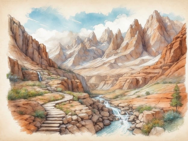 Auf dem Bild ist eine malerische Landschaft zu sehen, die von steilen, zerklüfteten Bergen flankiert wird. Ein gewundener Wanderweg führt durch die felsige Umgebung, begleitet von einem kleinen Wasserfall und einem klaren Fluss, der sanft durch die Landschaft fließt. Umgeben von grünem Gestrüpp und kleinen Pflanzen, strahlt die Szenerie eine ruhige, naturnahe Atmosphäre aus.Solche Landschaften sind oft kulturelle Schätze, die Wanderern nicht nur schöne Ausblicke bieten, sondern auch die Möglichkeit, historische Stätten oder lokale Legenden zu entdecken, während man durch die Natur streift. Entlang der Wanderwege findet man häufig Hinweise auf die Vergangenheit der Region, wie alte Pfade, Ruinen oder Denkmalstätten, die mit Geschichten und Traditionen verbunden sind.