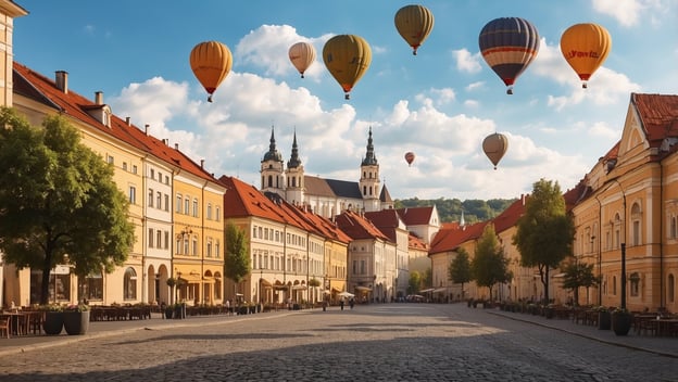 Ballons schweben über einer malerischen Straße in Vilnius, die von historischen Gebäuden und Bäumen gesäumt ist.