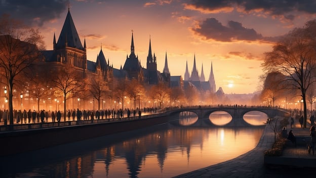 Die Silhouette einer Stadt mit historischen Gebäuden und Kirchtürmen, umgeben von Bäumen, bei Sonnenuntergang am Wasser.