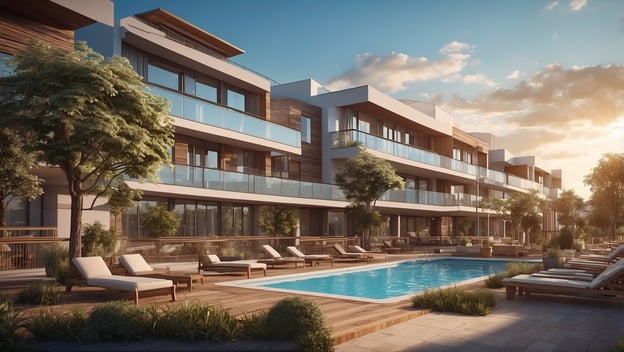 Moderne Apartmentanlage mit Pool, Liegen und Bäumen unter einem blauen Himmel. Sonnenuntergang beleuchtet die Fassade.