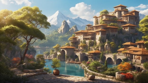 Eine malerische Landschaft mit hohen Bergen, einem klaren Wasserfluss und einer asiatischen Architektur inmitten üppiger Vegetation.