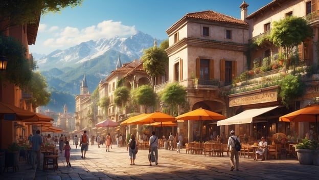 Eine malerische Straßenansicht mit Cafés, Sonnenschirmen und Bergen im Hintergrund, bei herrlichem Wetter und vielen Passanten.