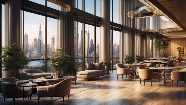 Moderne Lounge mit großen Fenstern, Blick auf die Skyline einer Stadt, elegante Möbel und Pflanzen im Innenraum.