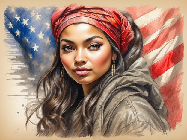 Das Bild zeigt eine Frau mit kulturellen Einflüssen, die in ihrem äußeren Erscheinungsbild deutlich werden. Die Kombination aus ihrem Schal und der Zurschaustellung der amerikanischen Flagge im Hintergrund könnte auf das Zusammenspiel von Identität und nationalem Stolz hinweisen. Solche Darstellungen sind oft Ausdruck der kulturellen Vielfalt, die die Gesellschaft prägt.In der Geschichte der USA haben verschiedene ethnische Gruppen zur kulturellen Identität des Landes beigetragen. Insbesondere Frauen von verschiedenen Herkunftsländern haben durch Mode, Kunst und soziale Bewegungen eine wichtige Rolle gespielt. Der Einsatz von Symbolen wie der Flagge kann auch eine Verbindung zwischen individuellen Identitäten und nationaler Zugehörigkeit darstellen.Das Bild könnte somit auch ein Hinweis auf den aktuellen gesellschaftlichen Diskurs über Vielfalt, Identität und Zugehörigkeit sein, der in vielen modernen Gesellschaften von Bedeutung ist.