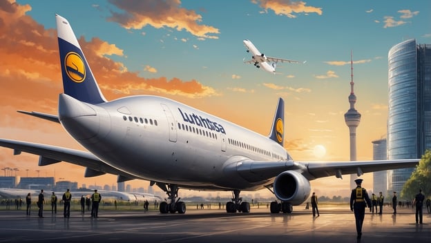 Lufthansa-Flugzeug steht am Flughafen, während ein weiteres Flugzeug abhebt. Sicherheitskräfte sind auf dem Boden sichtbar.