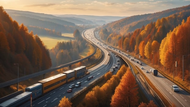 Starker Verkehrsaufkommen auf einer kurvenreichen Autobahn, umgeben von buntem Herbstlaub und stauenden Fahrzeugen.