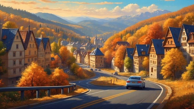 Eine kurvenreiche Straße führt durch eine herbstliche Landschaft mit bunten Bäumen und alten Häusern im Hintergrund.