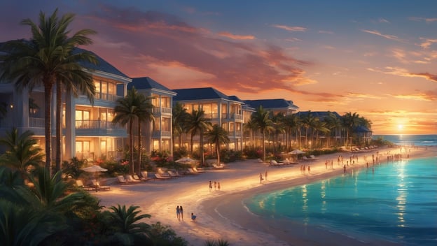 Ein tropisches Resort am Strand von Florida mit Palmen, Sandstrand und einer malerischen Abendsonne.