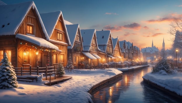 Schneebedeckte Häuser am Kanal mit warmen Lichtern, Weihnachtsdekoration und frostiger Abendstimmung an der Ostsee.