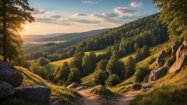 Ein sonniger Aussichtspunkt auf eine grüne Hügellandschaft mit Wäldern und Feldern im Abendlicht.