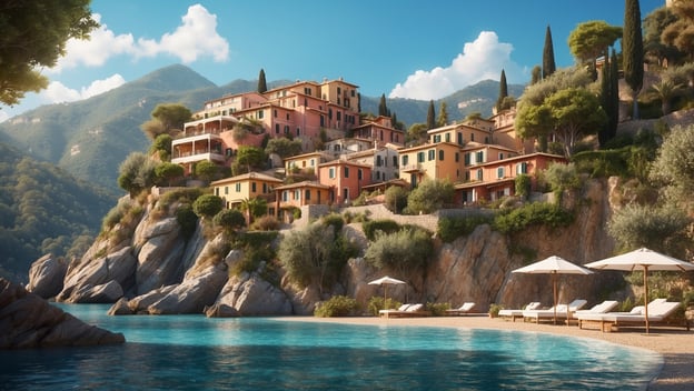 Entdecke das neue Luxus-Resort an der italienischen Küste mit bunten Villen, Felsen und glasklarem Wasser.