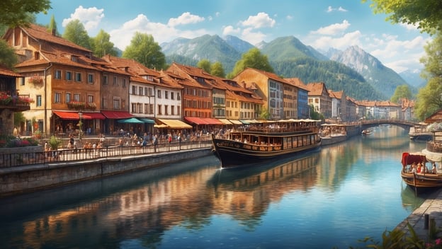 Ein Fluss mit Booten, umgeben von bunten Häusern, Restaurants und einer malerischen Berglandschaft im Hintergrund.