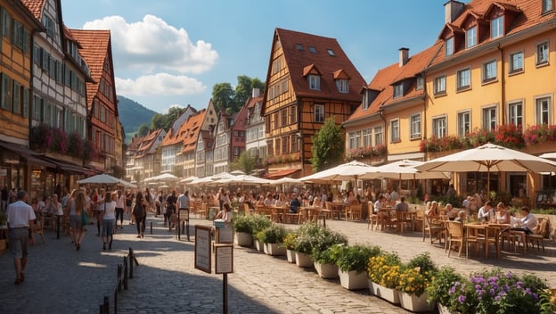Belebte Einkaufsstraße mit Restaurants und Cafés, bunten Gebäuden und vielen Personen, die sich im Freien aufhalten.