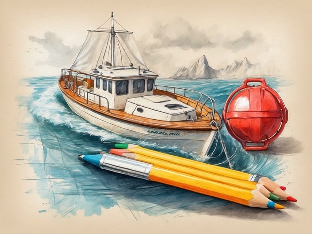 Auf dem Bild ist ein Boot zu sehen, das auf dem Wasser fährt. Es hat eine Segelplane und eine Holzverkleidung. Neben dem Boot liegt eine rote Boje, diefür die Sicherheit auf dem Wasser wichtig ist. Zudem sind verschiedene Buntstifte dargestellt, die vielleicht zum Zeichnen oder Planen von Abenteuern genutzt werden können. Für ein sicheres Segelabenteuer sollten jedoch immer Schwimmwesten, Erste-Hilfe-Sets und Kommunikationsmittel an Bord sein.