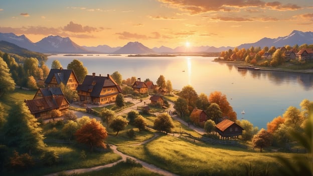 Idyllische Landschaft am See mit Hütten, Bäumen, sanften Hügeln und Sonnenuntergang über dem Wasser.