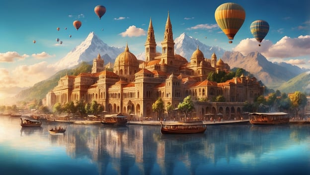 Eine malerische Stadt am Wasser mit historischen Gebäuden, Bergkulisse und mehreren Ballons am Himmel.