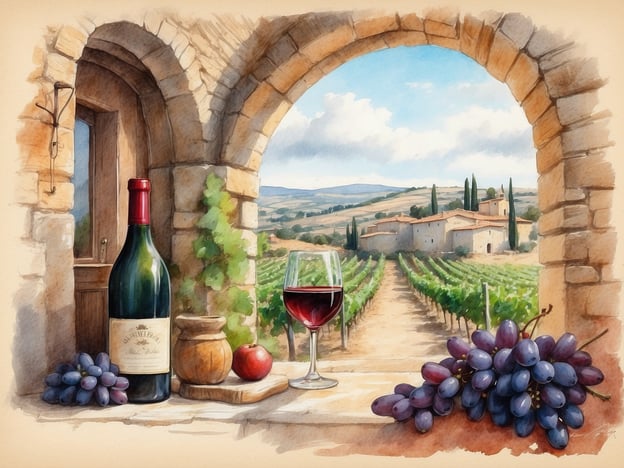 Auf dem Bild ist eine malerische Landschaft zu sehen, die durch einen Bogen in einer Steinmauer betrachtet wird. Im Vordergrund stehen eine Flasche Rotwein, ein Glas Wein, ein Holzbrett mit einer Frucht und eine kleine Schale. Daneben liegen Trauben. Im Hintergrund erstrecken sich Weinberge, die sich sanft bis zu einem charmanten Haus mit Zypressen daneben hinziehen. Diese Szenerie spiegelt die einzigartige Welt der istrischen Weine wider, wo Genuss und landschaftliche Schönheit perfekt miteinander harmonieren.
