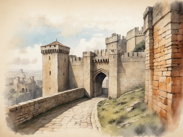 Das Bild zeigt eine historische Festungsarchitektur, die an die Stadtmauern von Dubrovnik erinnert. Dubrovnik, einst als Ragusa bekannt, war im Mittelalter ein bedeutendes Handelszentrum und entwickelte sich zu einer wohlhabenden Republik. Die beeindruckenden Stadtmauern, gebaut zwischen dem 12. und 17. Jahrhundert, schützten die Stadt vor Angriffen und bieten heute einen atemberaubenden Blick auf die Adria.Die Festungsmauern, wie sie auf dem Bild zu sehen sind, symbolisieren die Stärke und Unabhängigkeit der Stadt und sind ein wesentlicher Bestandteil ihres UNESCO-Weltkulturerbes. Dubrovnik war nicht nur für seine strategische Lage wichtig, sondern auch für seine kulturellen und politischen Errungenschaften während der Renaissance. Die sorgfältig konstruierten Türme und Zinnen spiegeln den architektonischen Stil dieser Epoche wider.