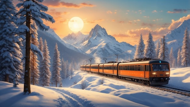 Ein orangefarbener Zug fährt durch eine verschneite Landschaft mit hohen Bergen und Tannenbäumen bei Sonnenuntergang.