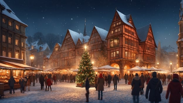 Weihnachtlicher Marktplatz mit festlich geschmücktem Tannenbaum, Menschenmengen und historischen Häusern im Schnee.