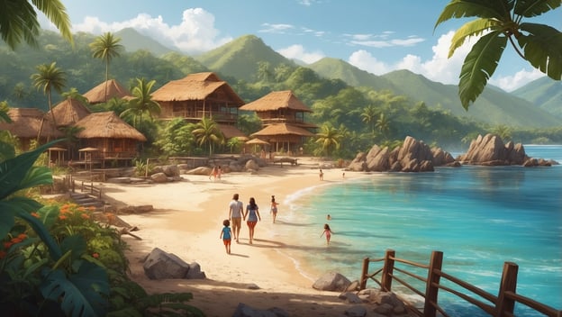 Familie spaziert am Strand entlang, umgeben von Palmen und kleinen Hütten, das Meer glitzert in der Sonne.